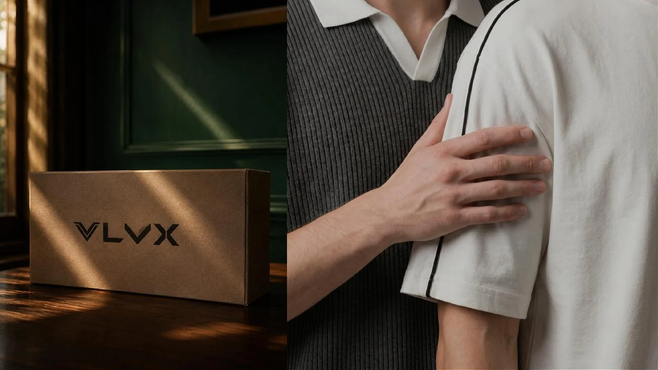 Material, label and garment detail establish a tactile direction.