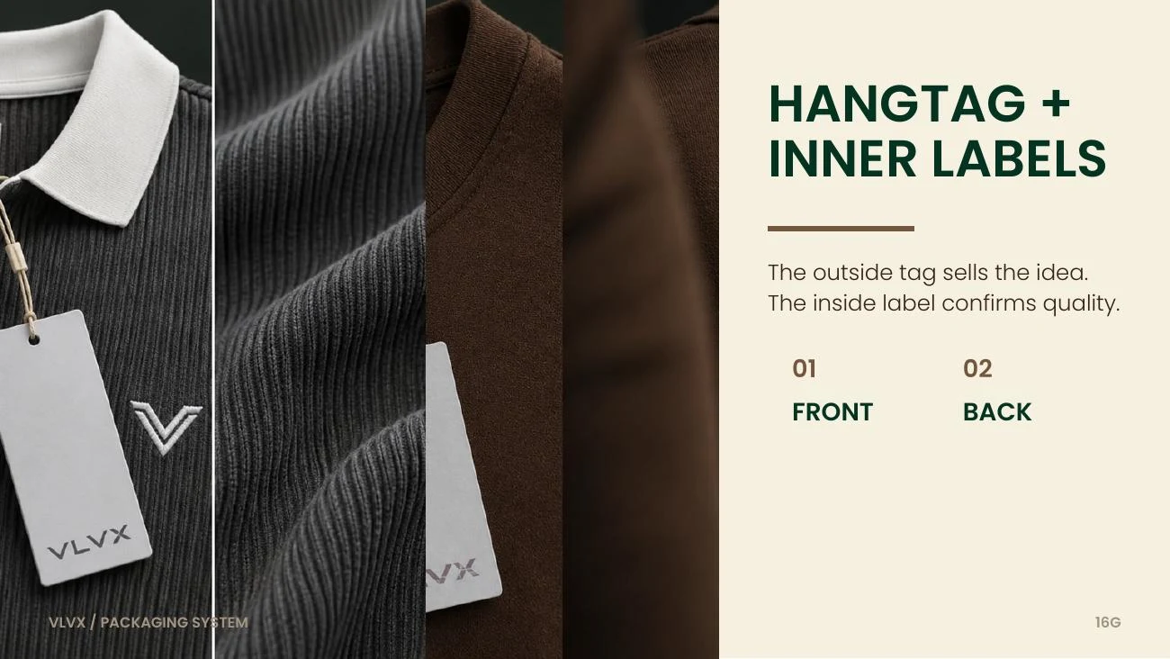 Hangtags and inner labels extend the visual signature into the product.